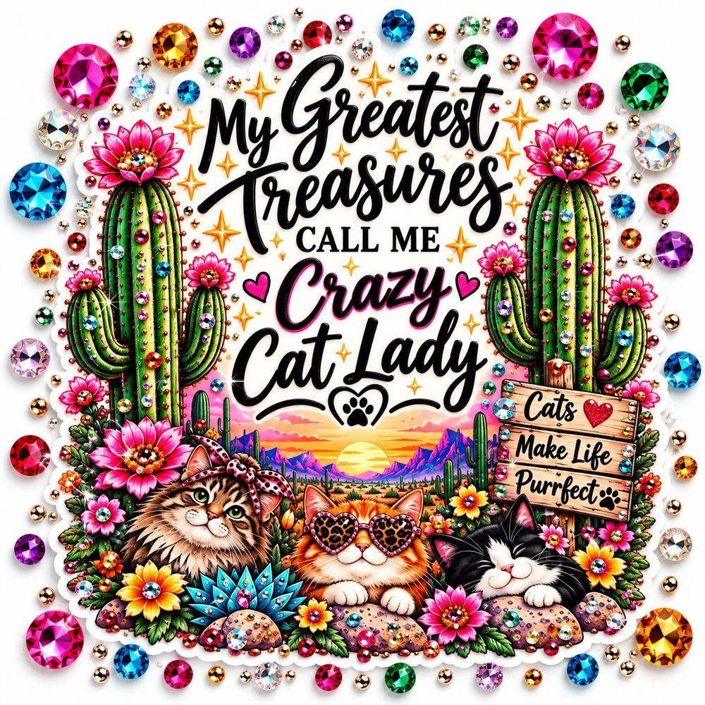 Crazy Cat Lady Vinyl Sticker Custom Rhinestone Embellished Desert Decal